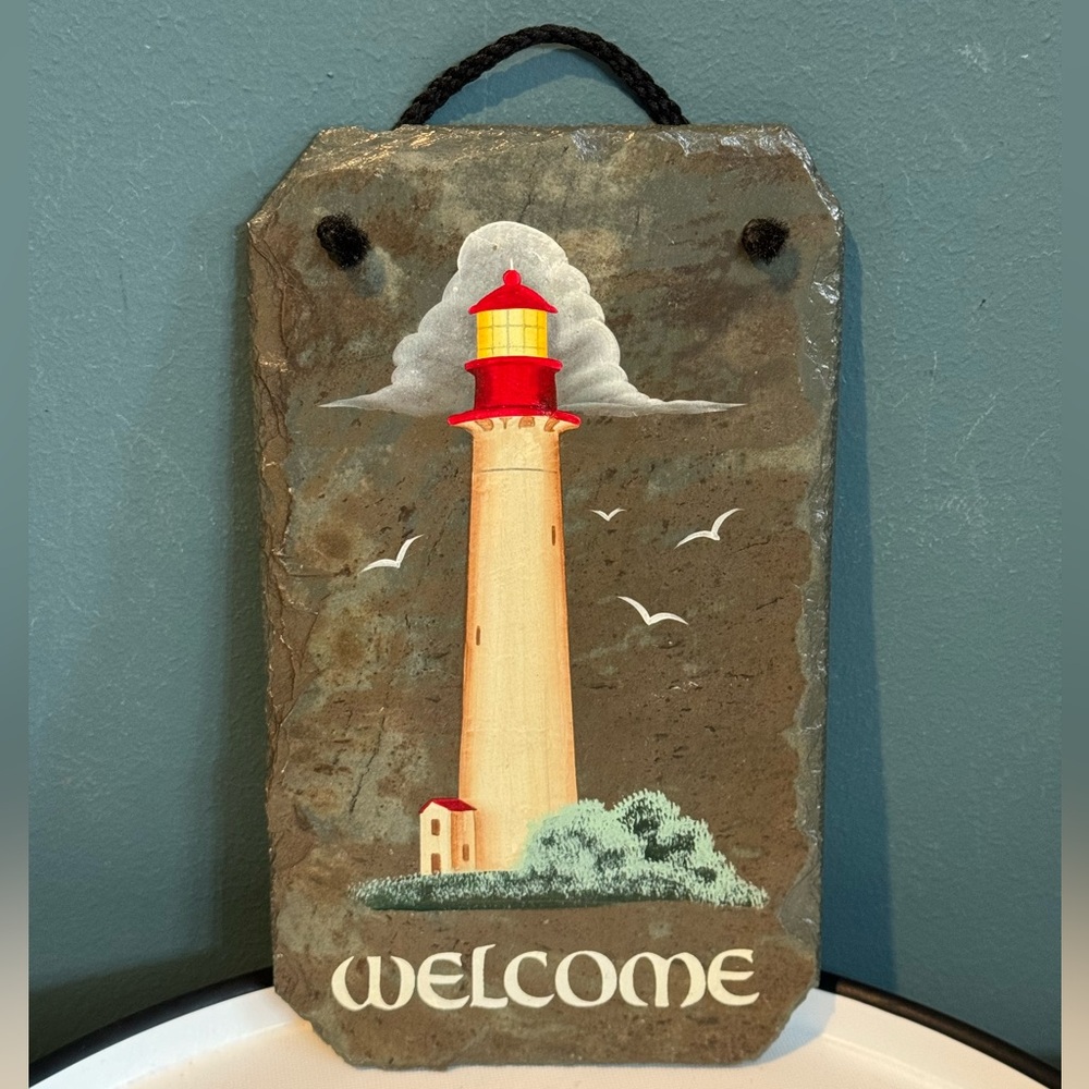 Cape May NJ Lighthouse “Welcome” Sign Hand Painted on Slate Signed, M Stewart